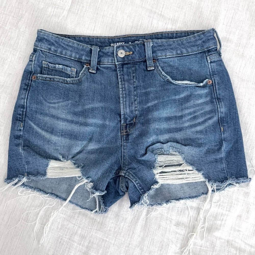 Old Navy Women's High-Rise OG Straight Dark Blue Ripped Jean Shorts, Size 10